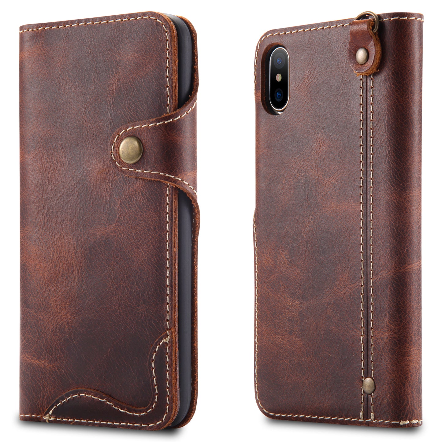 Waxed Cowhide Leather iPhone XR Fastener Case Wallet Stand with Hand Strap