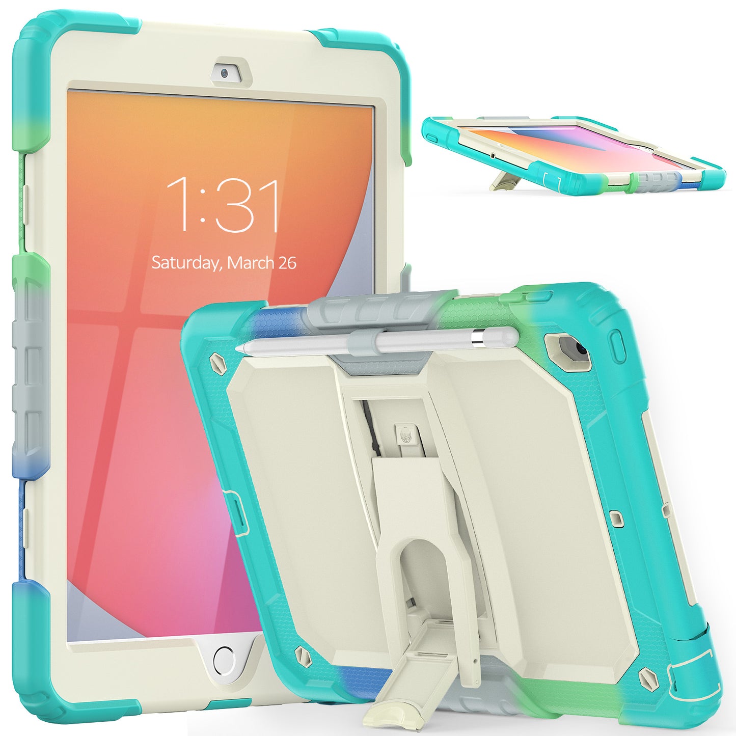 Kickstand iPad 9 Shockproof Case Built-in Screen Protector Shoulder Strap Detachable