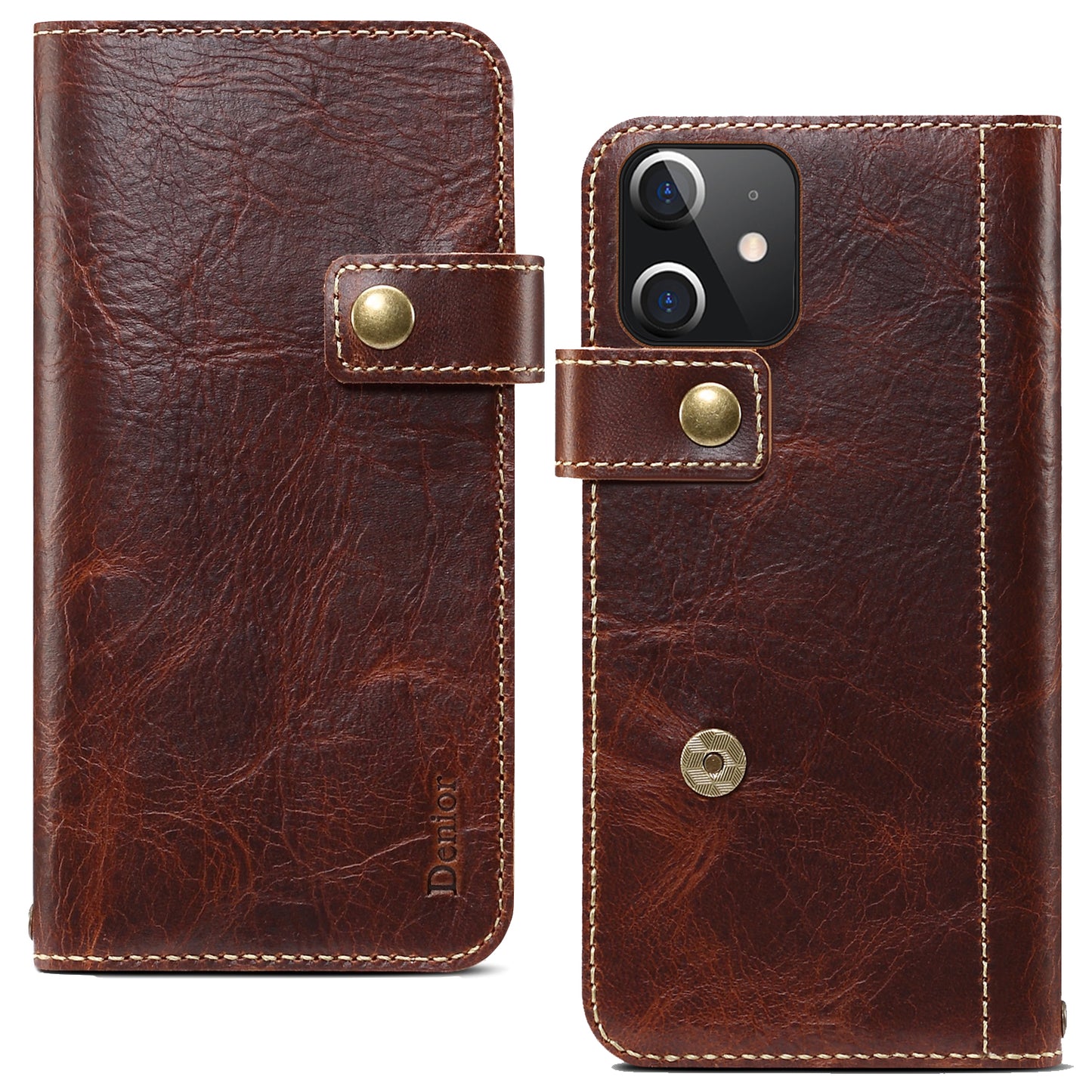 Waxed Cowhide Leather iPhone 12 Mini Magnetic Buckle Case Wallet Stand