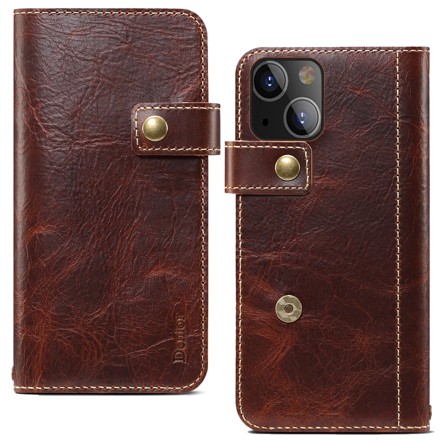 Waxed Cowhide Leather iPhone 13 Magnetic Buckle Case Wallet Stand