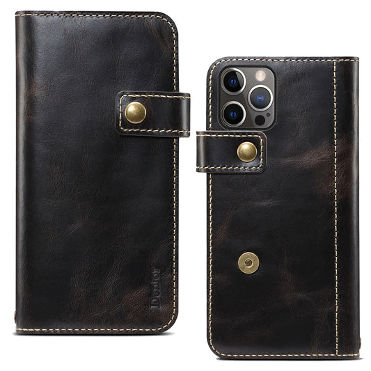 Waxed Cowhide Leather iPhone 13 Pro Magnetic Buckle Case Wallet Stand