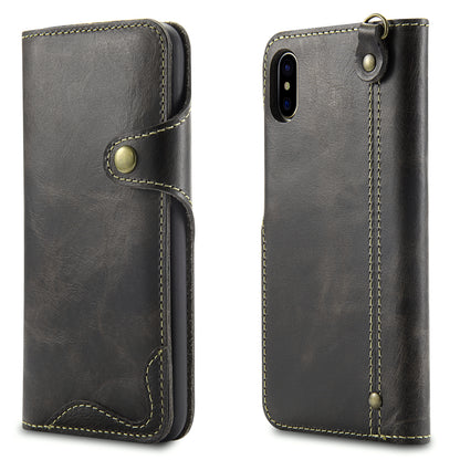 Waxed Cowhide Leather iPhone Xs Max Fastener Case Wallet Stand with Hand Strap