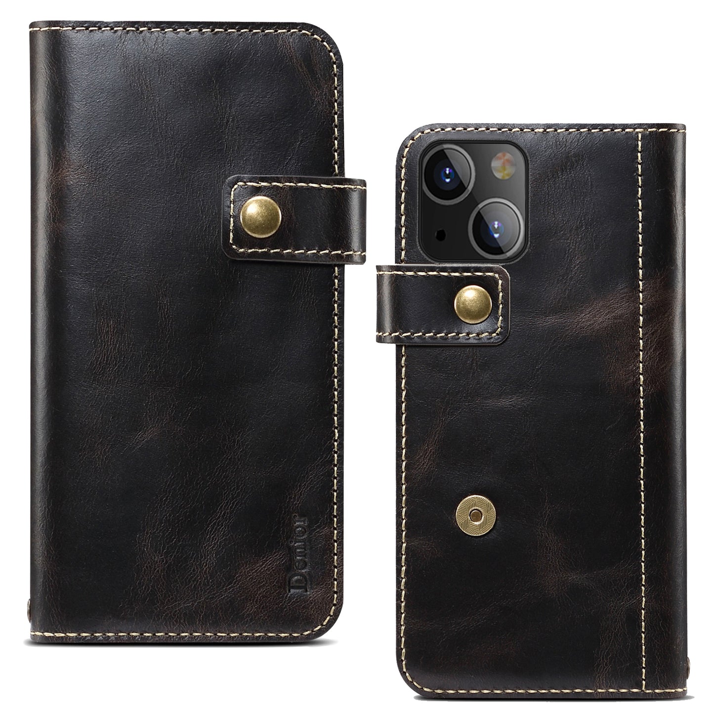 Waxed Cowhide Leather iPhone 13 Magnetic Buckle Case Wallet Stand