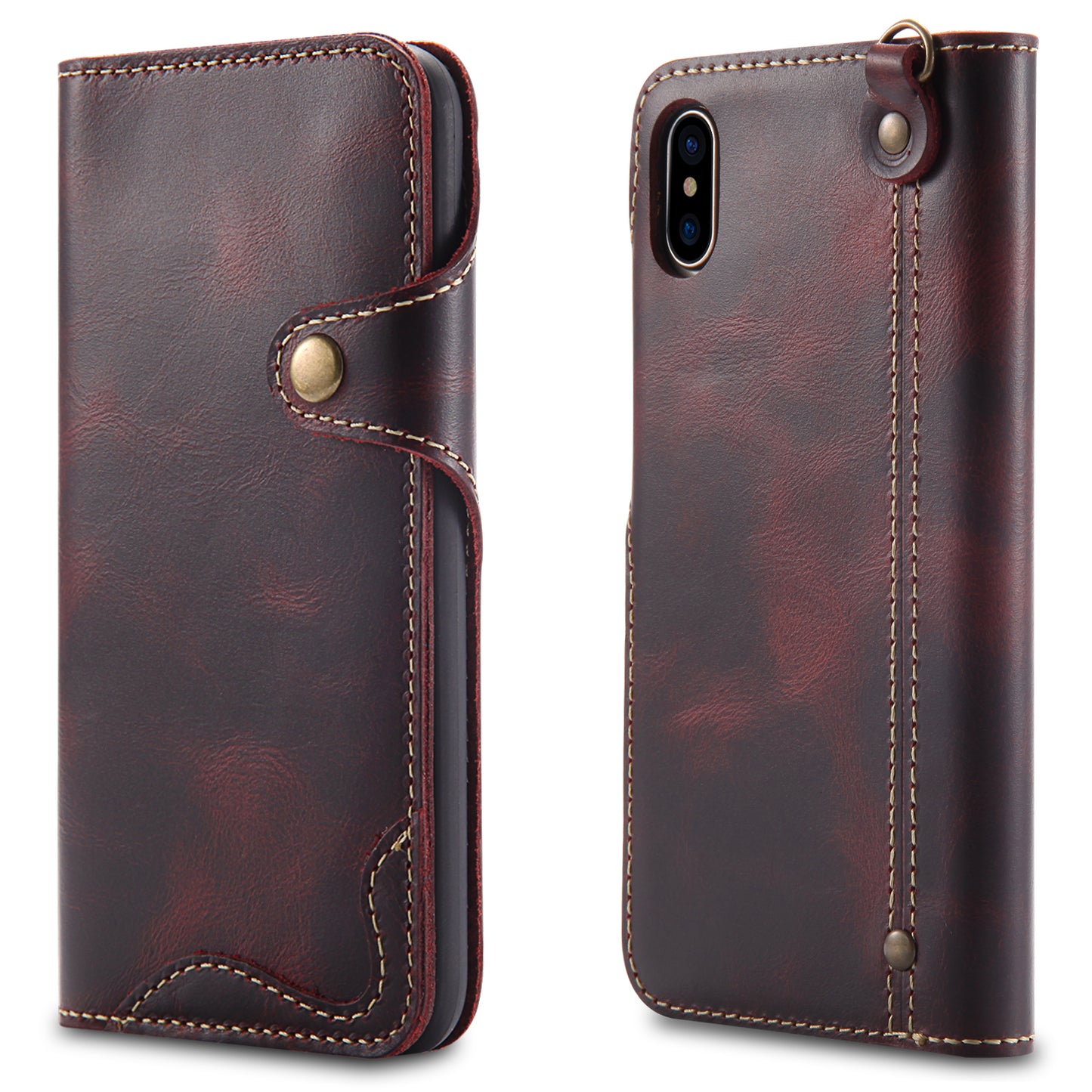 Waxed Cowhide Leather iPhone Xs Max Fastener Case Wallet Stand with Hand Strap