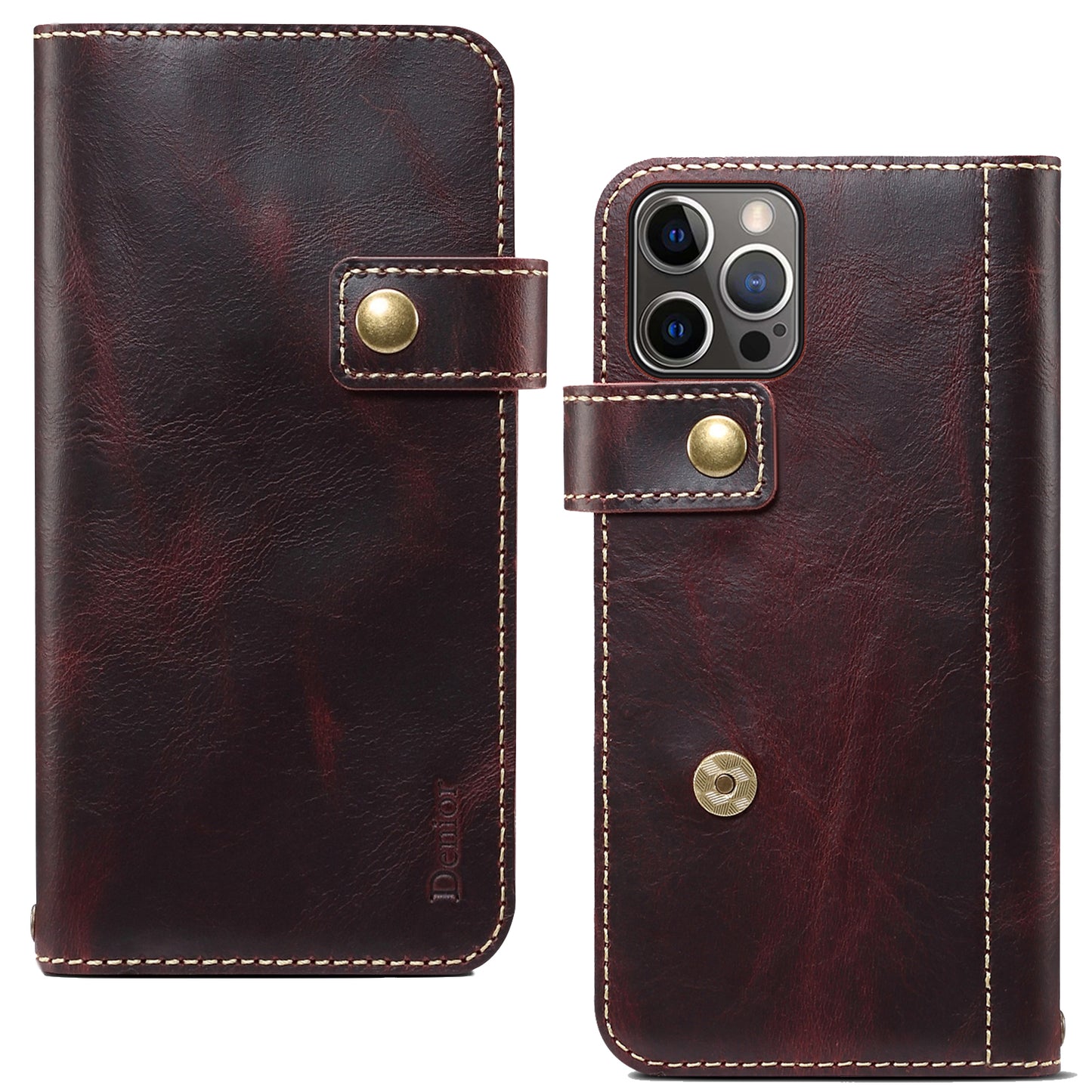 Waxed Cowhide Leather iPhone 13 Pro Max Magnetic Buckle Case Wallet Stand