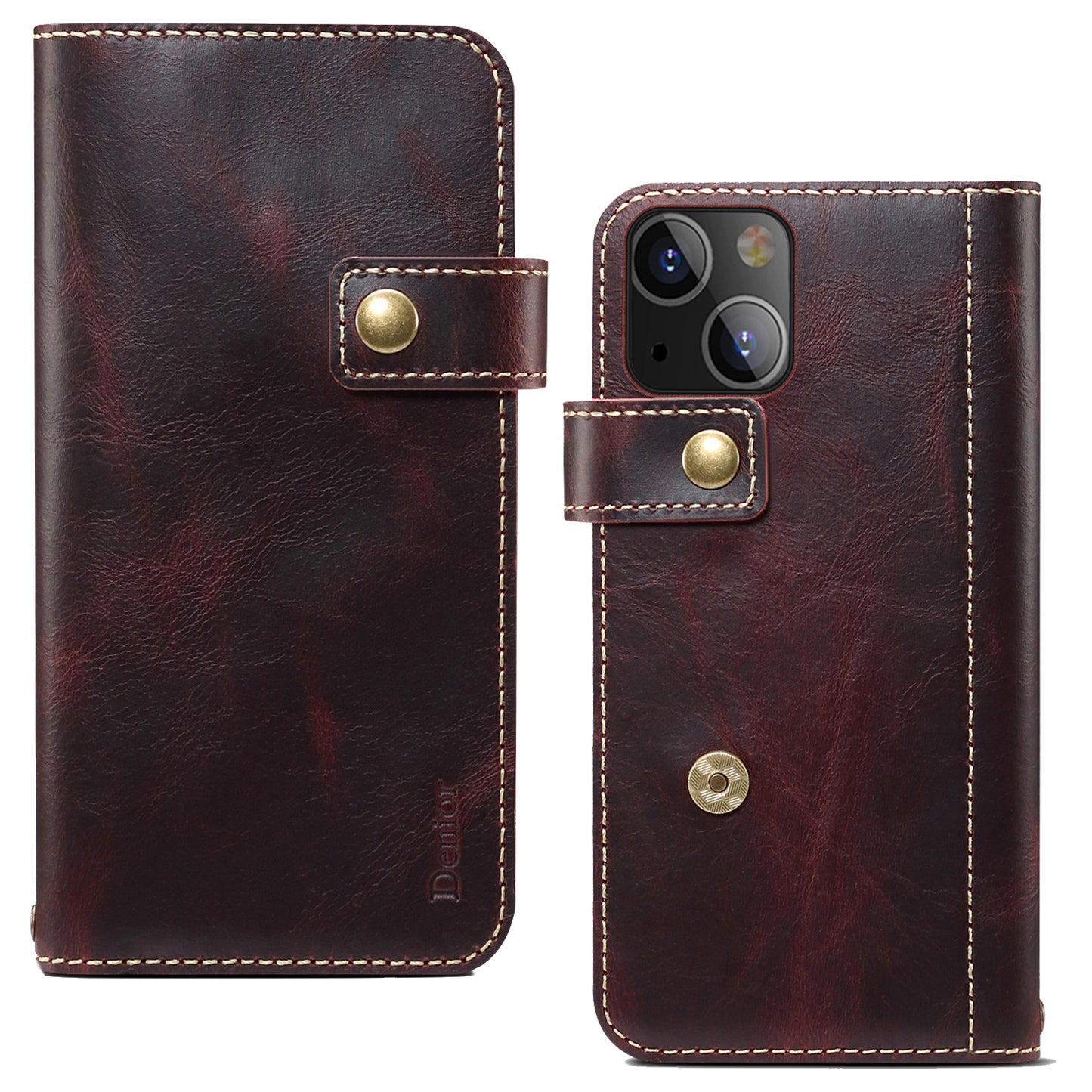 Waxed Cowhide Leather iPhone 13 Magnetic Buckle Case Wallet Stand