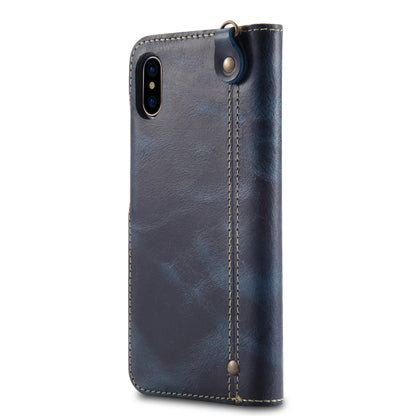 Waxed Cowhide Leather iPhone Xs Max Fastener Case Wallet Stand with Hand Strap