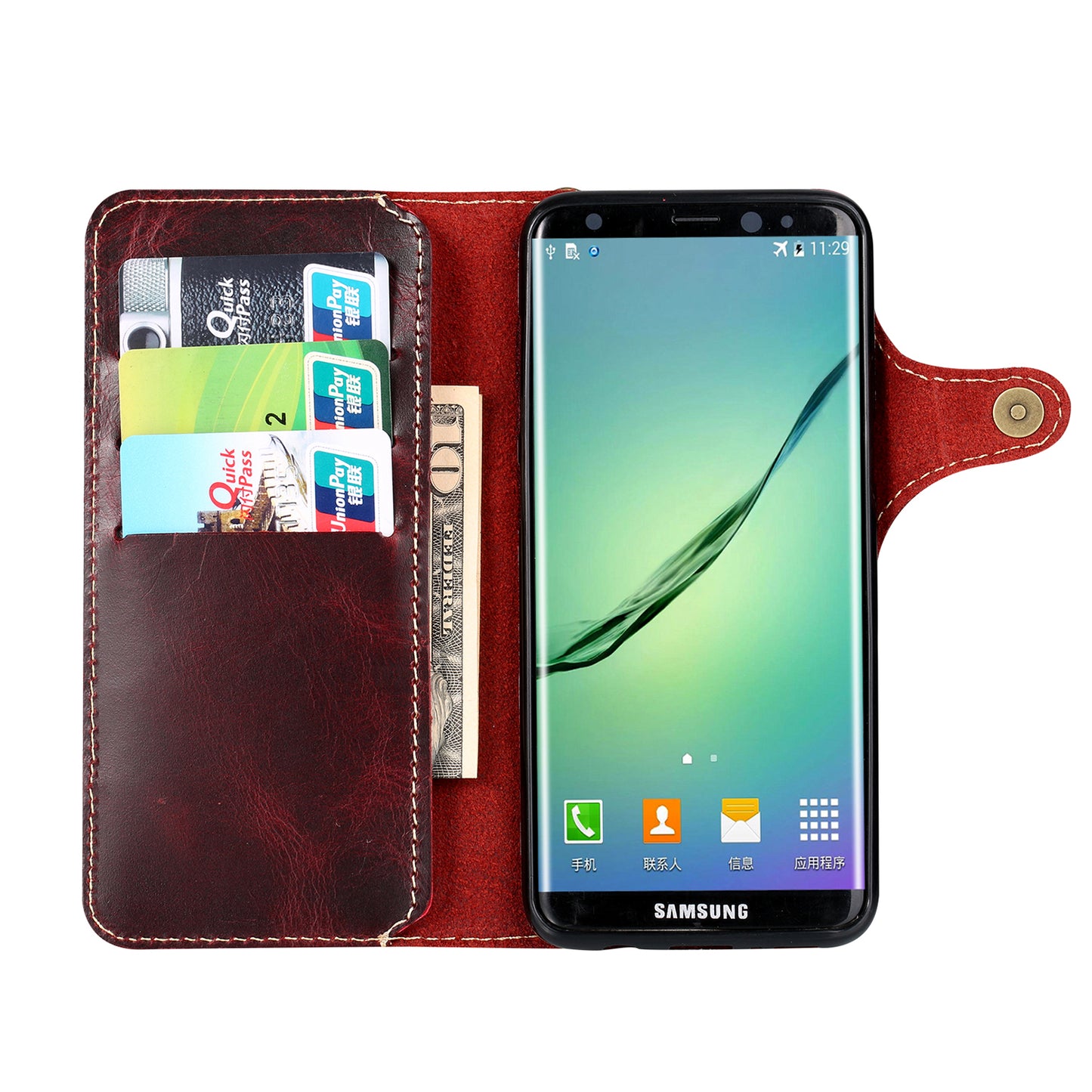 Waxed Cowhide Leather Galaxy S9+ Fastener Case Wallet Stand with Hand Strap