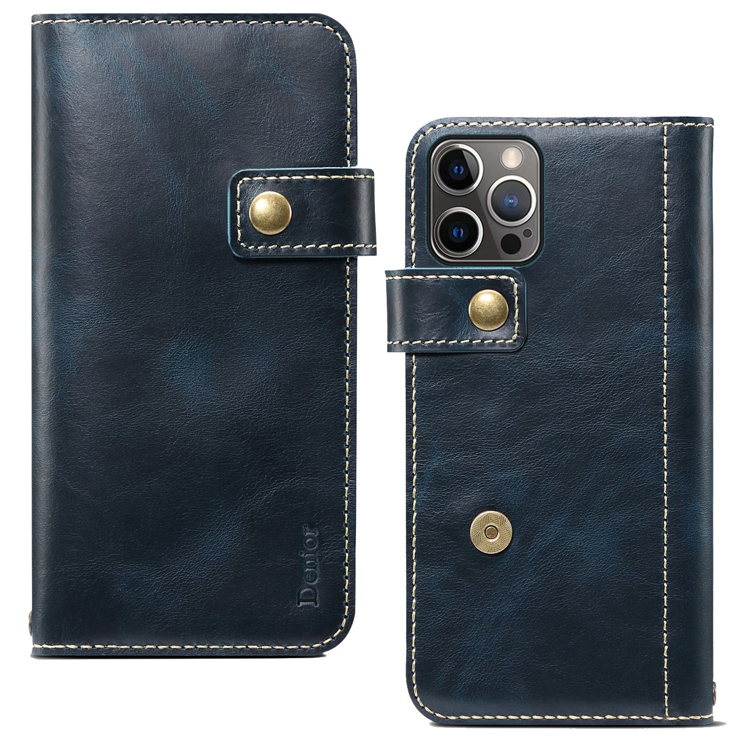 Waxed Cowhide Leather iPhone 13 Pro Max Magnetic Buckle Case Wallet Stand