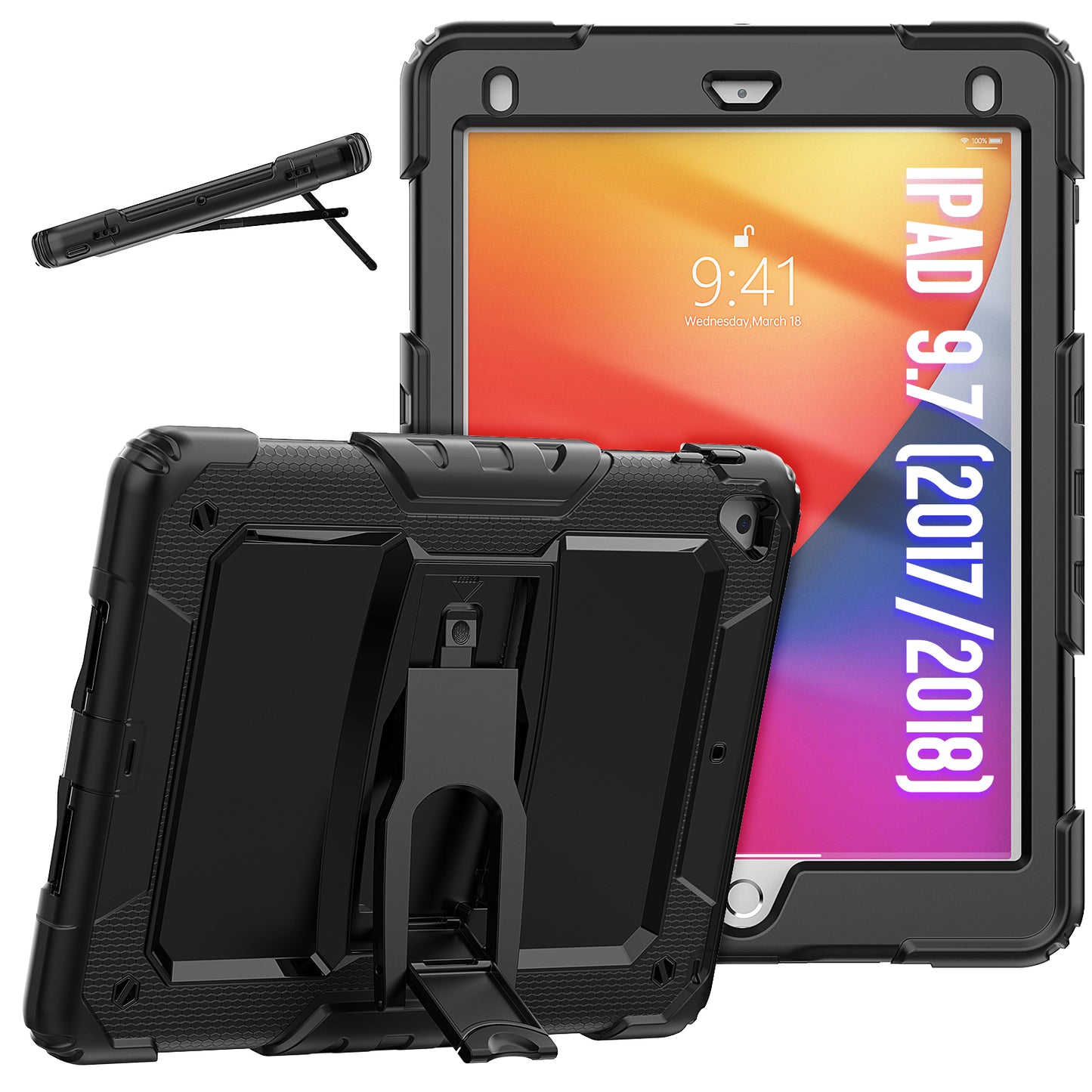 Kickstand iPad 5 Shockproof Case Built-in Screen Protector Shoulder Strap Detachable