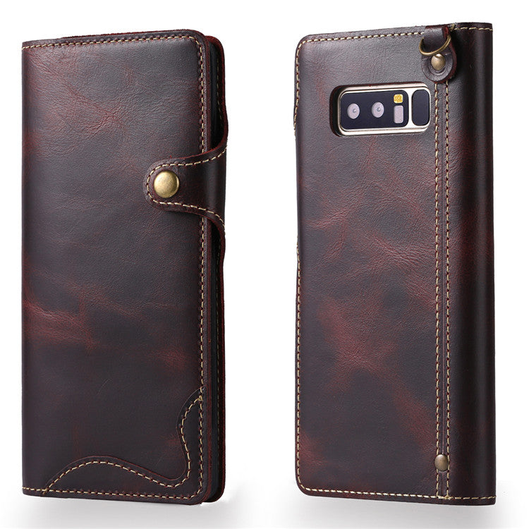 Waxed Cowhide Leather Galaxy Note8 Fastener Case Wallet Stand with Hand Strap