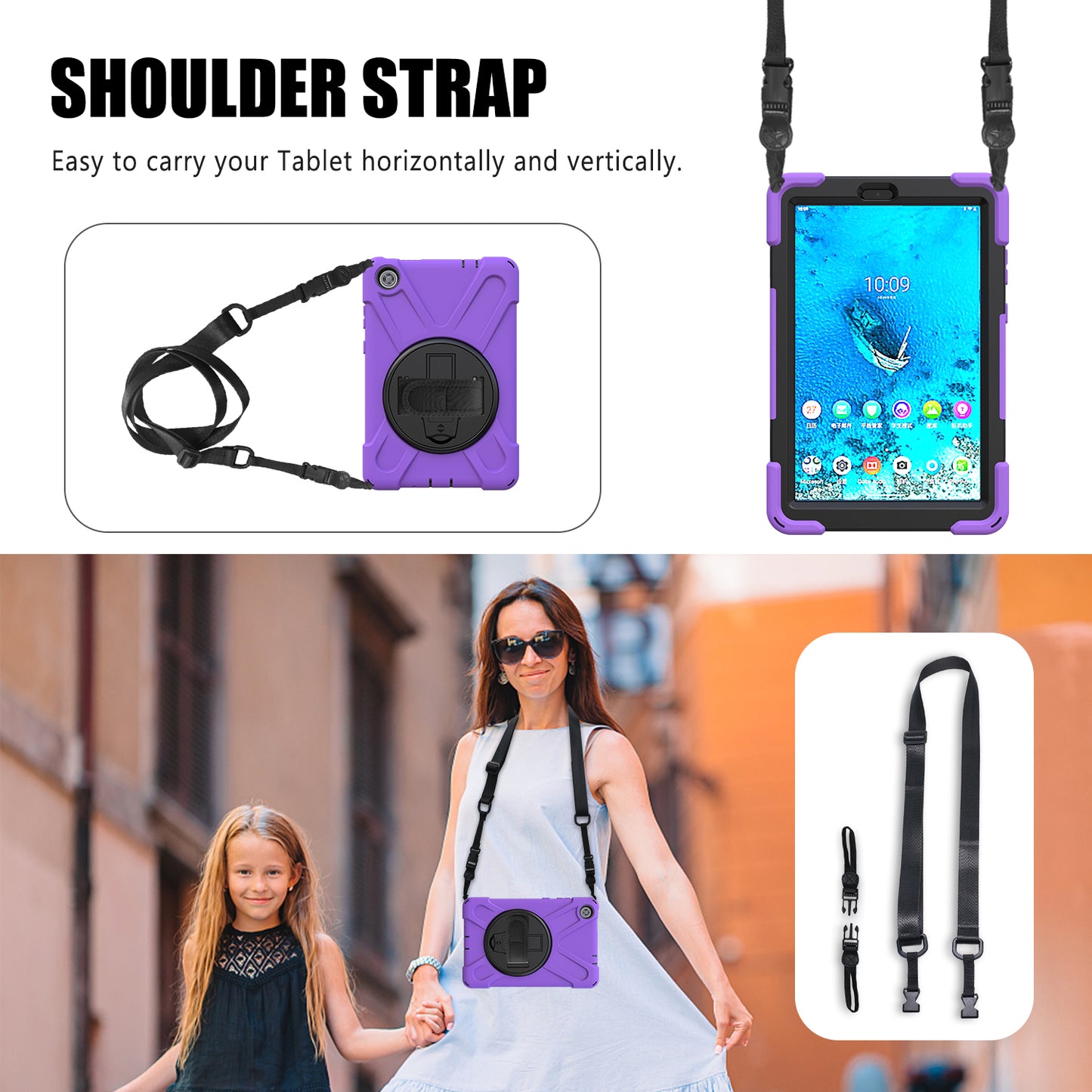 Pirate King Lenovo Tab M8 (2019) Case 360 Rotating Stand Holder Shoulder Strap