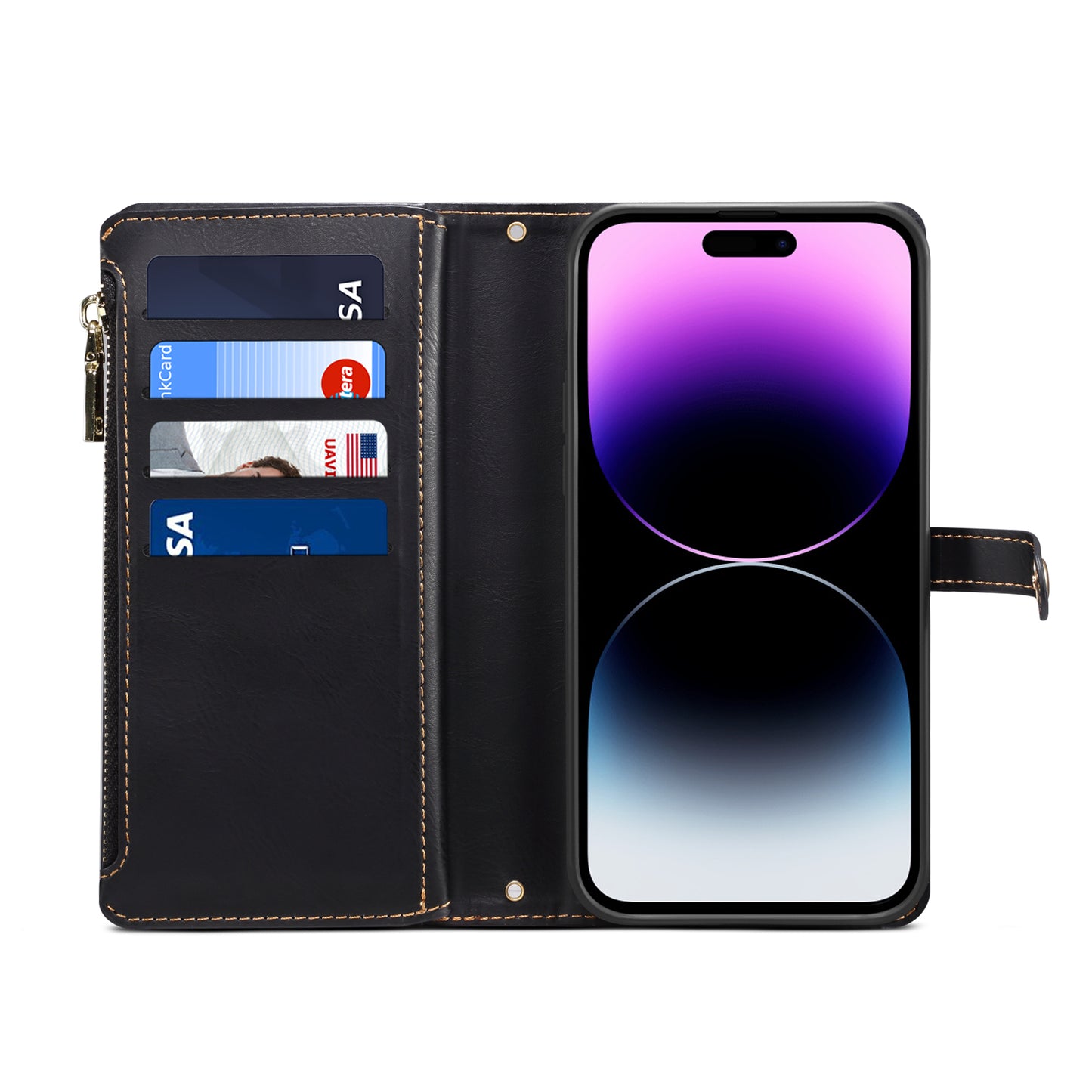 8 Card Slots Astral iPhone 15 Pro Leather Case Multi-function Zipper Pouch