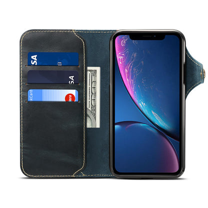 Waxed Cowhide Leather iPhone XR Fastener Case Wallet Stand with Hand Strap