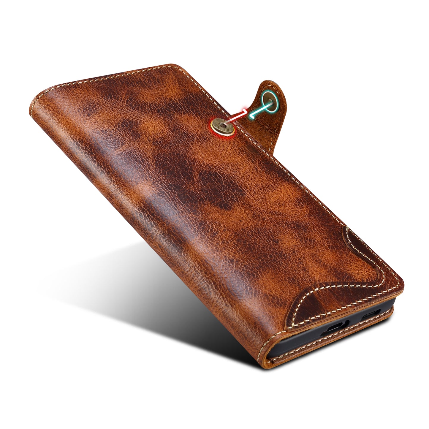 Waxed Cowhide Leather Galaxy S23 FE Fastener Case Wallet Stand with Hand Strap