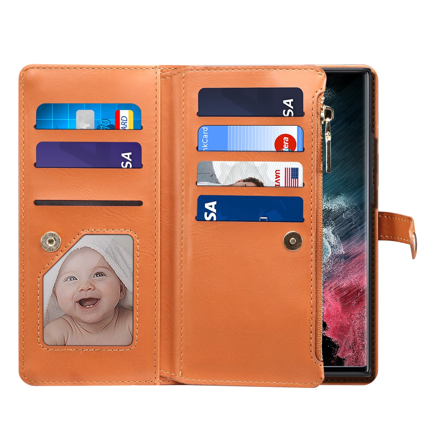 8 Card Slots Astral Galaxy S23 Ultra Leather Case Multi-function Zipper Pouch Strap