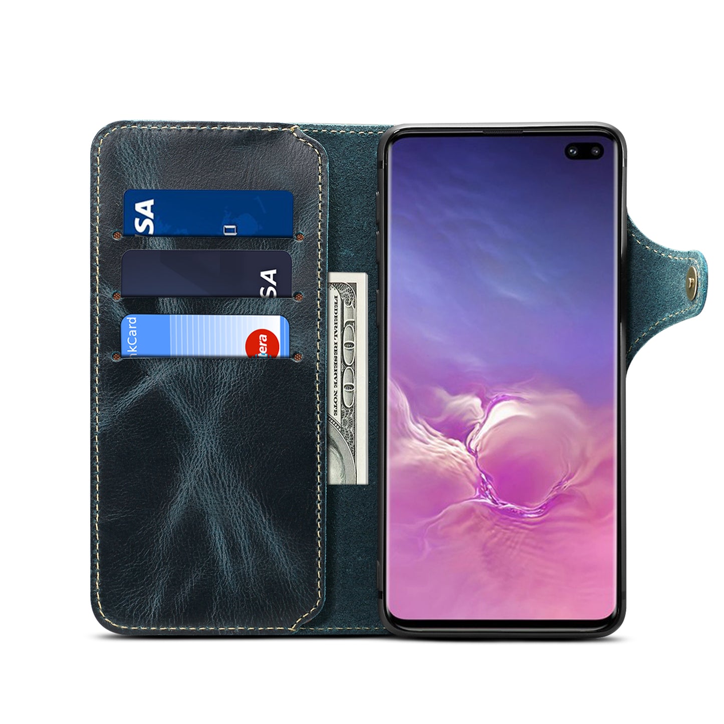 Waxed Cowhide Leather Galaxy S10 5G Fastener Case Wallet Stand with Hand Strap