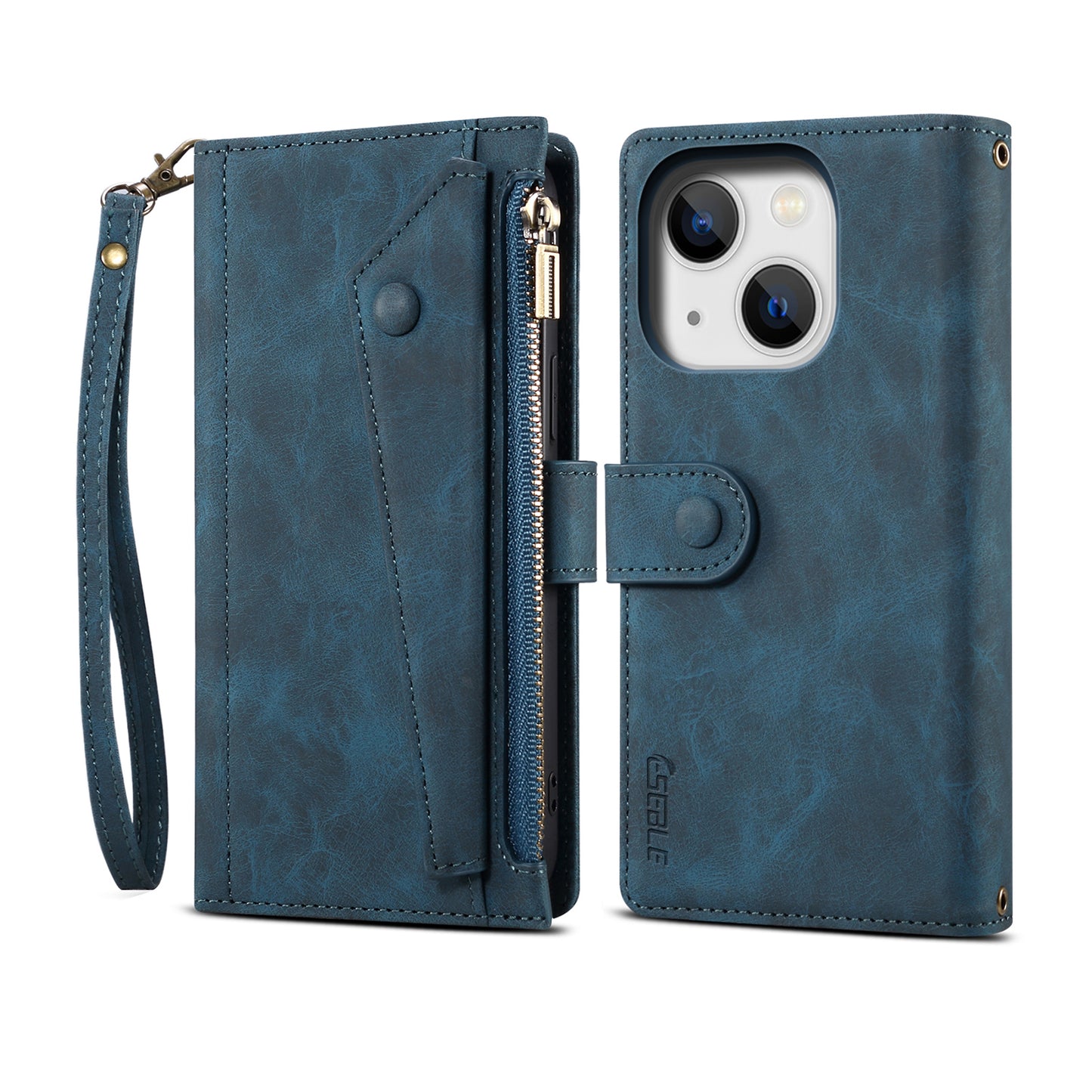 Ocean Stars iPhone 15 Plus Leather Case Multi-function Zipper Wallet Stand Strap