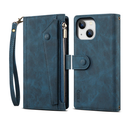 Ocean Stars iPhone 15 Leather Case Multi-function Zipper Wallet Stand Hand Strap