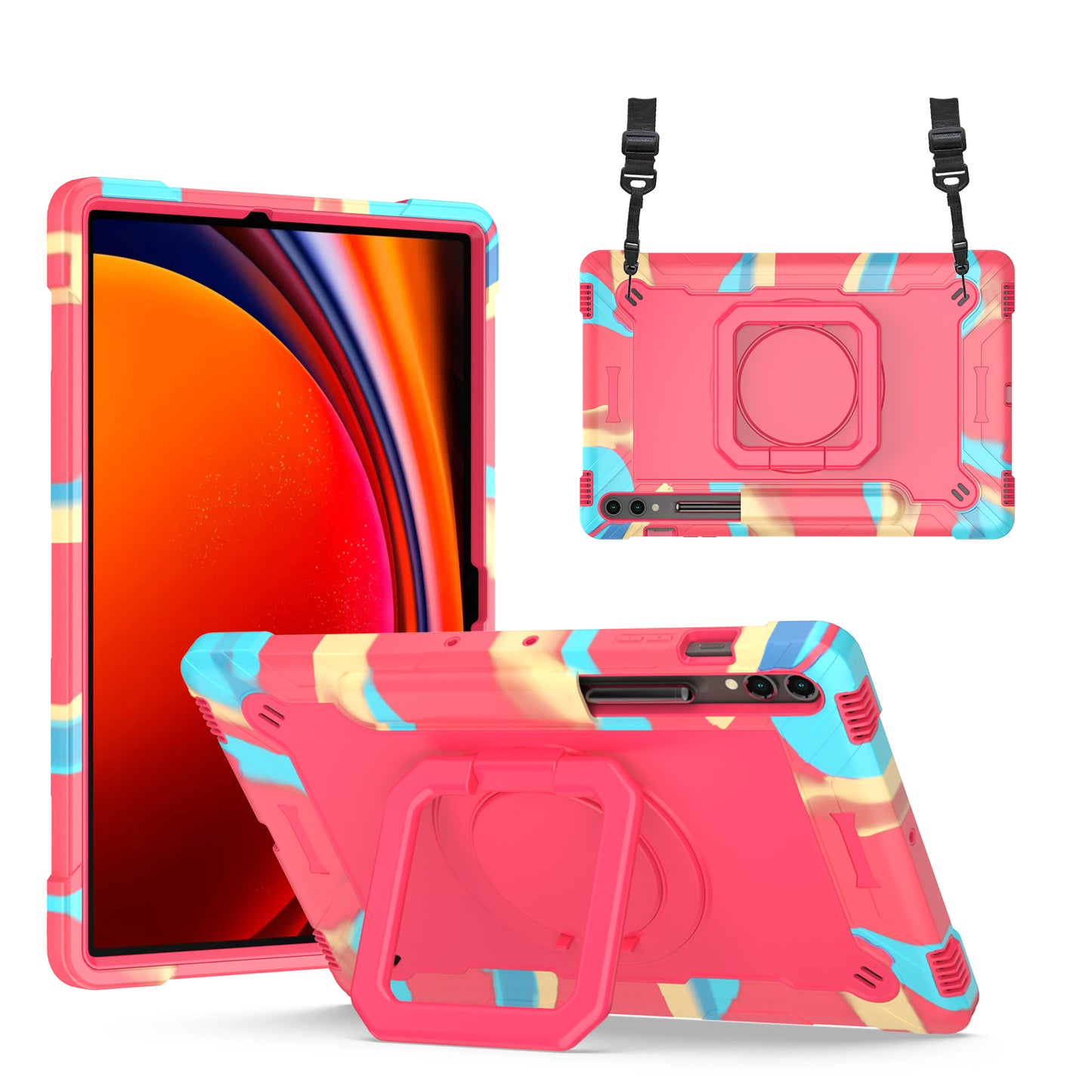 Hit-Color Hook Galaxy Tab S9+ Shockproof Case Rotating Stand Wristband Strap