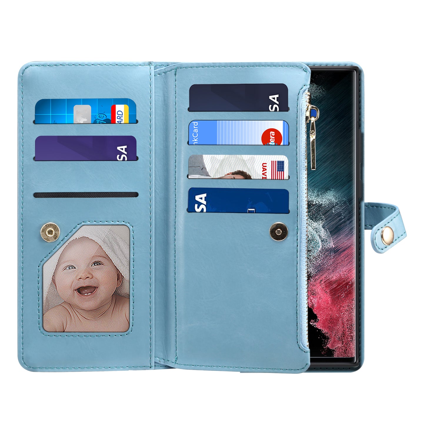 8 Card Slots Astral Galaxy S22 Ultra Leather Case Multi-function Zipper Pouch Strap