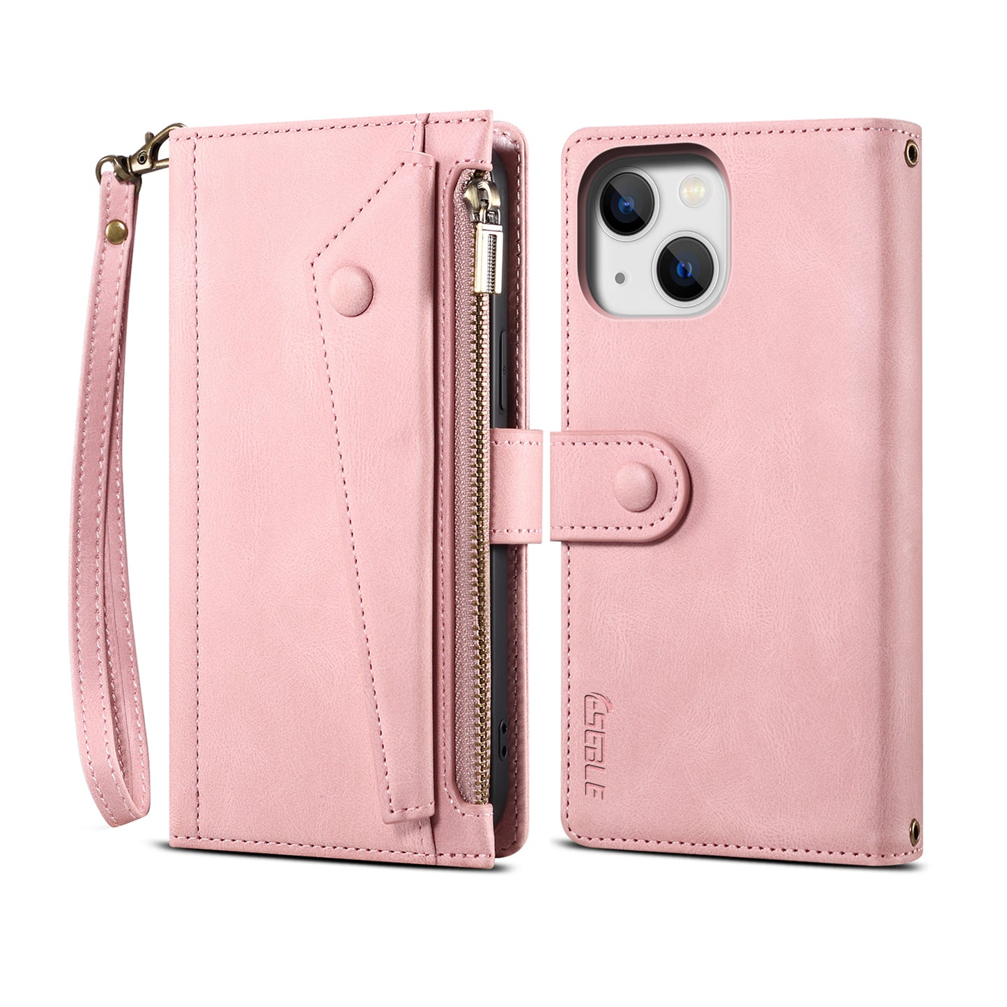 Ocean Stars iPhone 15 Leather Case Multi-function Zipper Wallet Stand Hand Strap