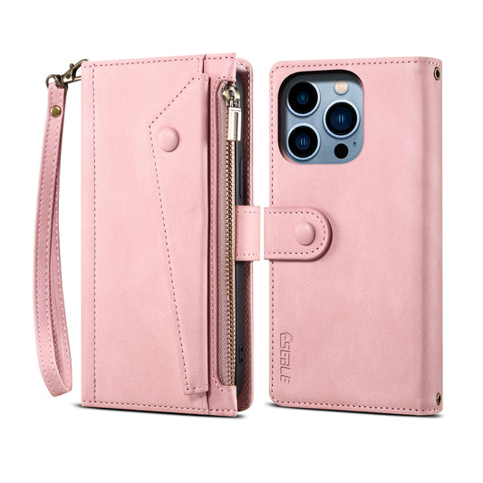 Ocean Stars iPhone 15 Pro Leather Case Multi-function Zipper Wallet Stand Strap