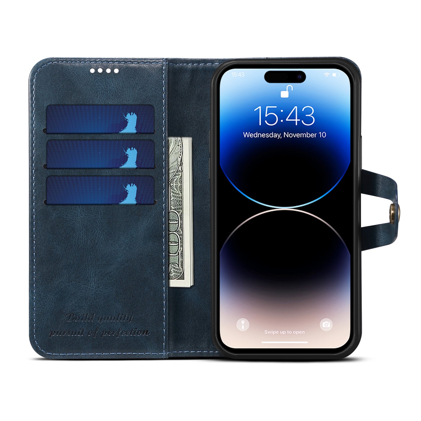 Dual Protection iPhone 14 Pro Leather Case Wallet Magtic Stand Flip Button RFID