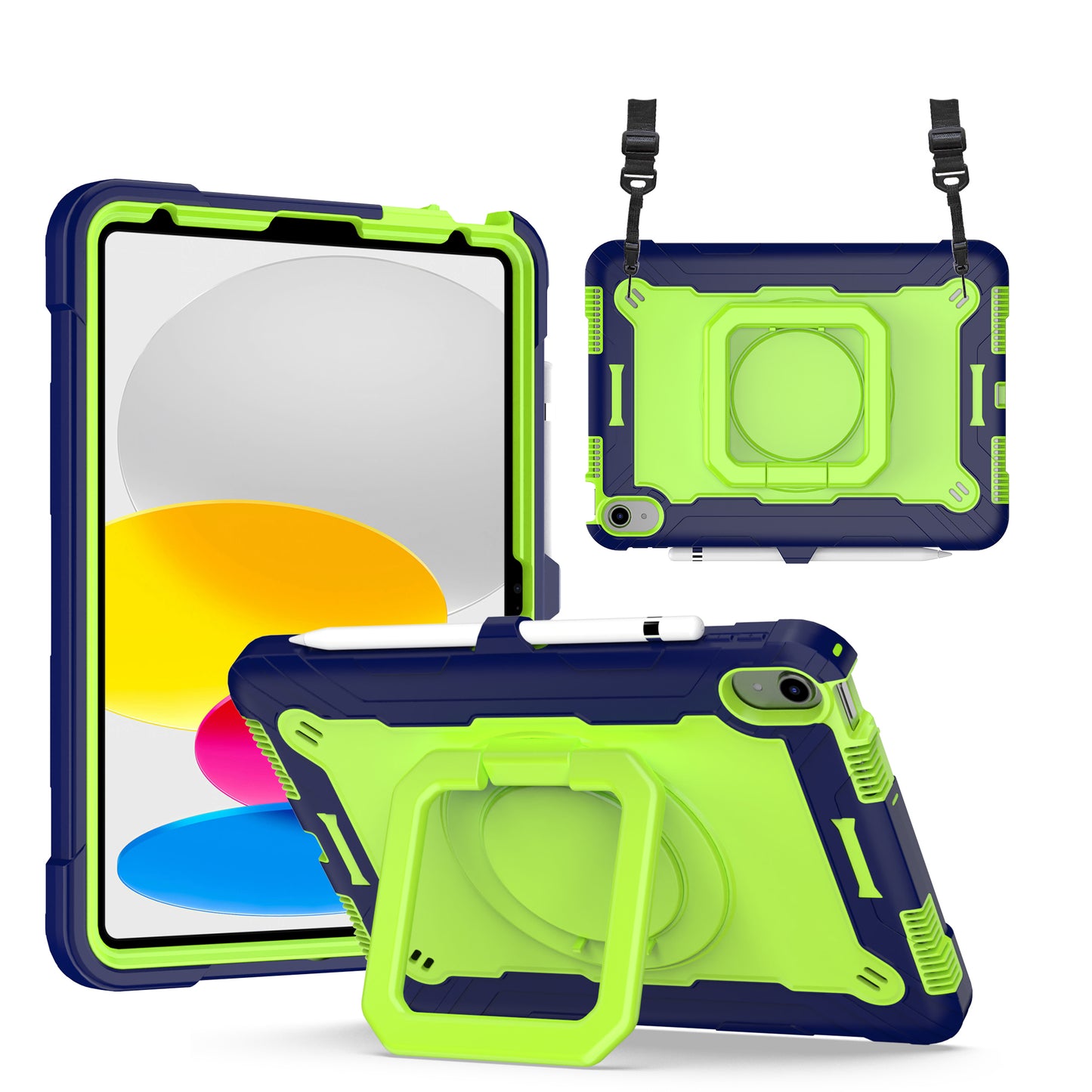 Hit-Color Hook iPad 10 Shockproof Case Rotating Stand Wristband Shoulder Strap