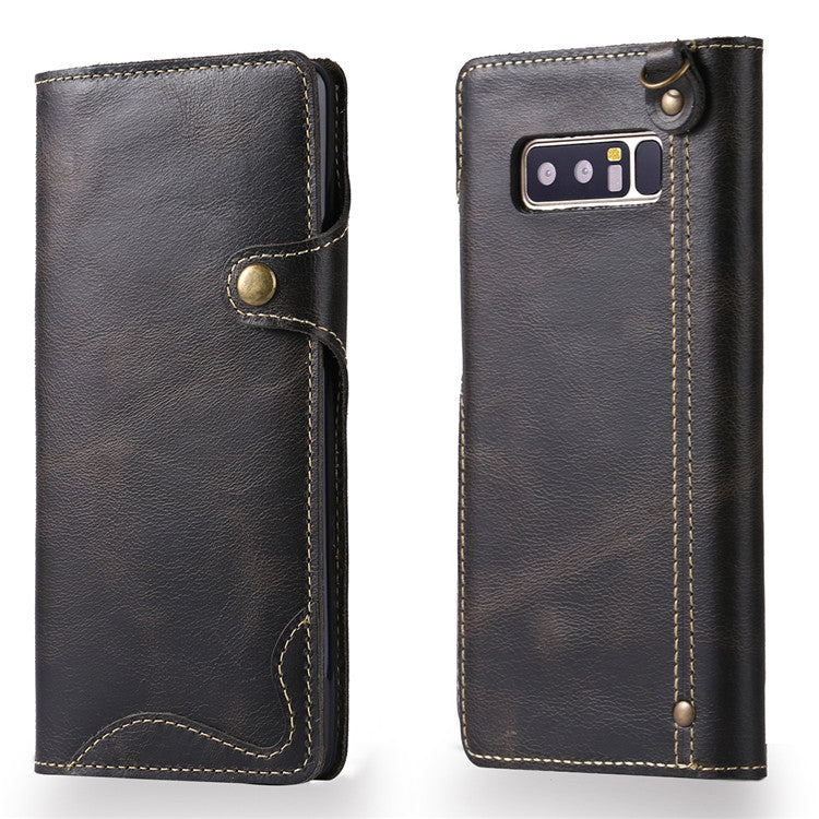 Waxed Cowhide Leather Galaxy Note8 Fastener Case Wallet Stand with Hand Strap