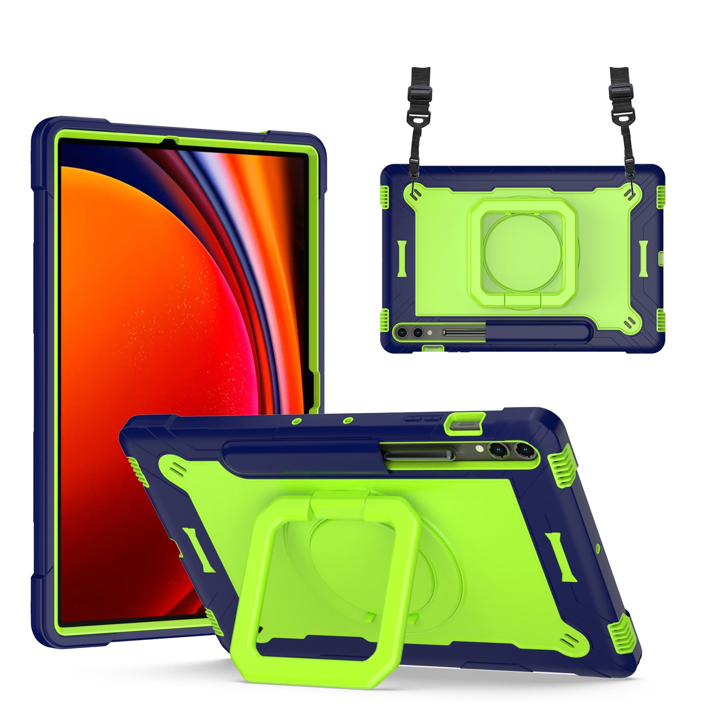 Hit-Color Hook Galaxy Tab S9+ Shockproof Case Rotating Stand Wristband Strap