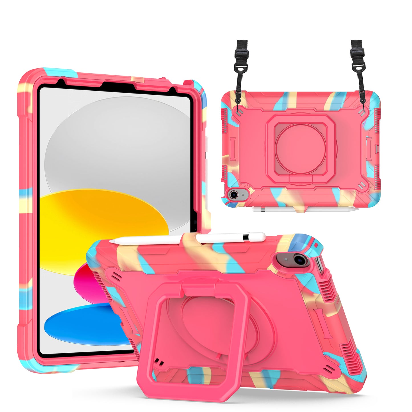 Hit-Color Hook iPad 10 Shockproof Case Rotating Stand Wristband Shoulder Strap