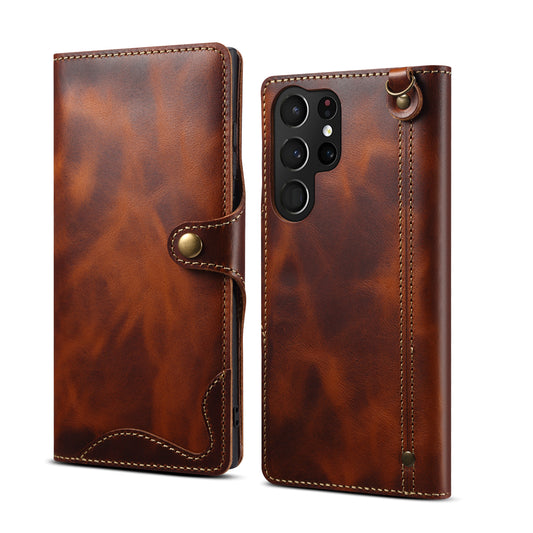 Waxed Cowhide Leather Galaxy S23 Ultra Fastener Case Wallet Stand with Hand Strap