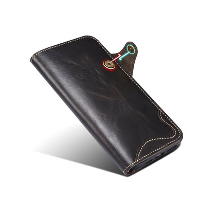 Waxed Cowhide Leather iPhone 13 Pro Max Fastener Case Wallet Stand with Hand Strap