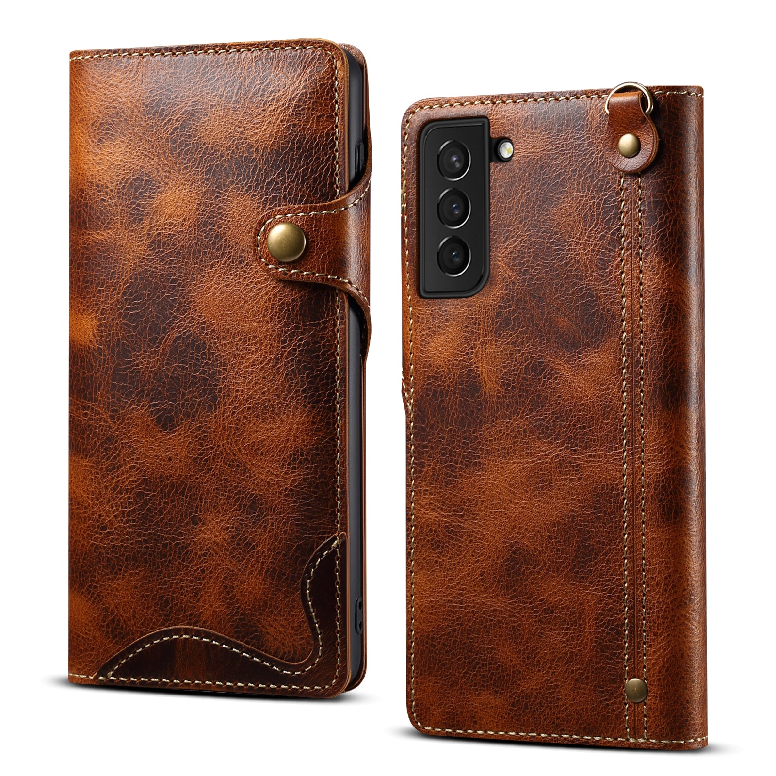 Waxed Cowhide Leather Galaxy S23 FE Fastener Case Wallet Stand with Hand Strap