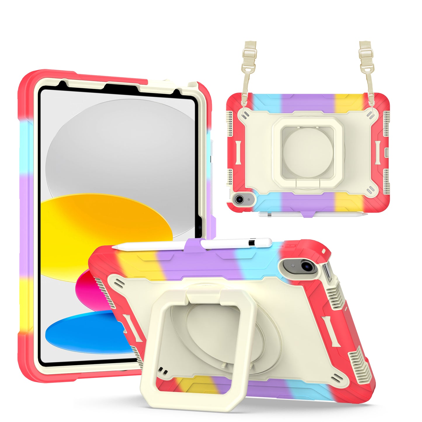 Hit-Color Hook iPad 10 Shockproof Case Rotating Stand Wristband Shoulder Strap