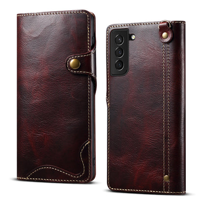 Waxed Cowhide Leather Galaxy S23 Fastener Case Wallet Stand with Hand Strap