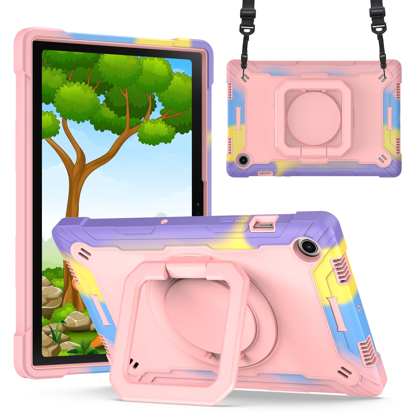 Hit-Color Hook Galaxy Tab A8 Shockproof Case Rotating Stand Wristband Strap