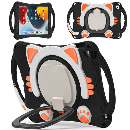 Stereoscopic Cat iPad 9 Silicone Case Kids Safe Rotating Folding Handle Grip