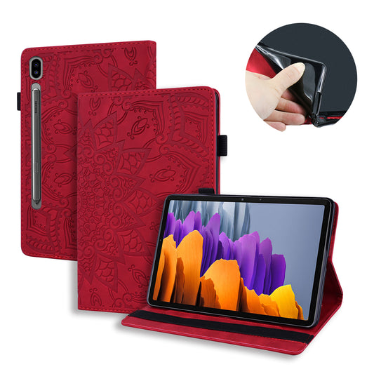 Double Hem Galaxy Tab S7 Leather Case Embossing Sunflower Wallet Foldable Stand