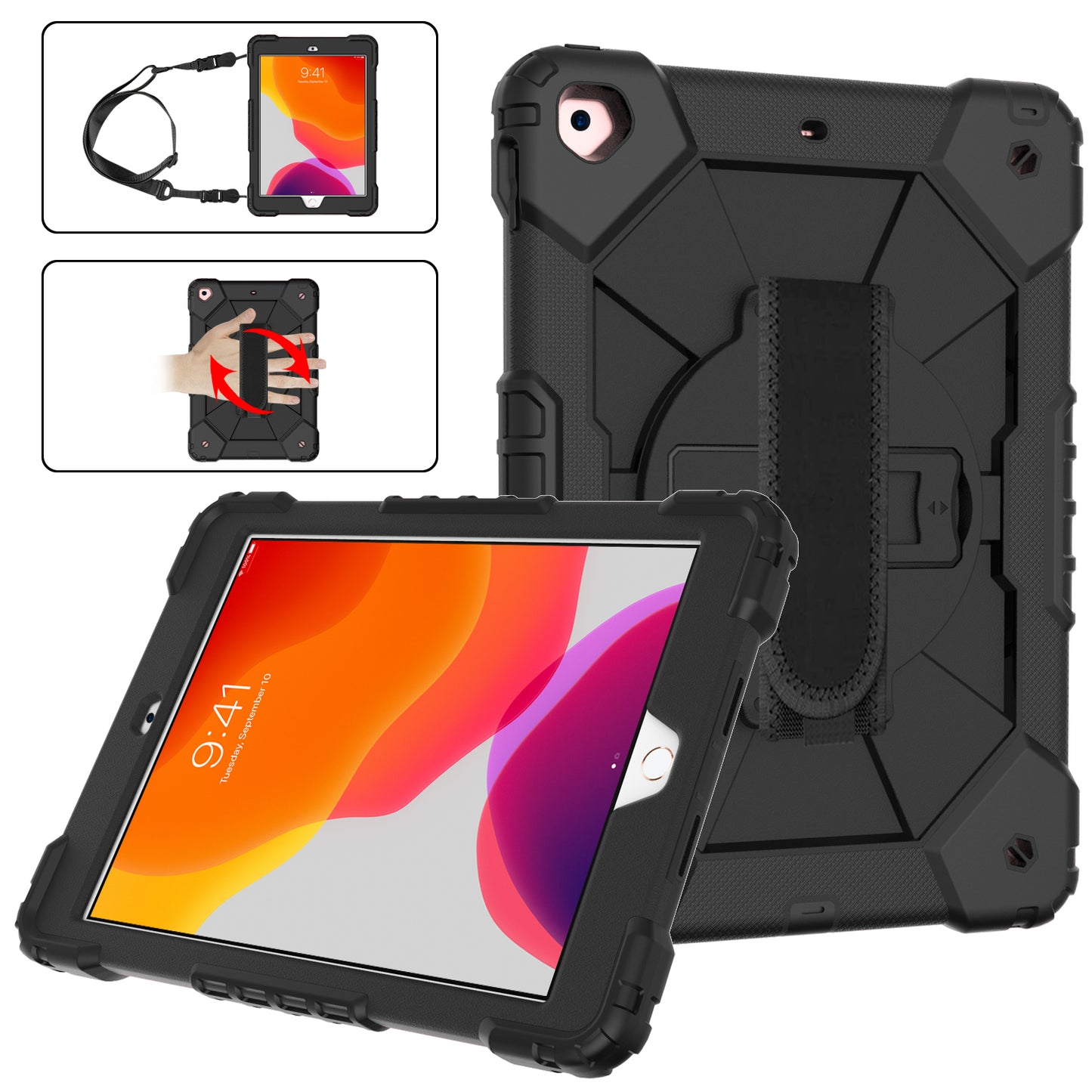 Rugged Rotating iPad 9 Shockproof Case Shoulder Strap Hand Holder 3 in 1 Stand