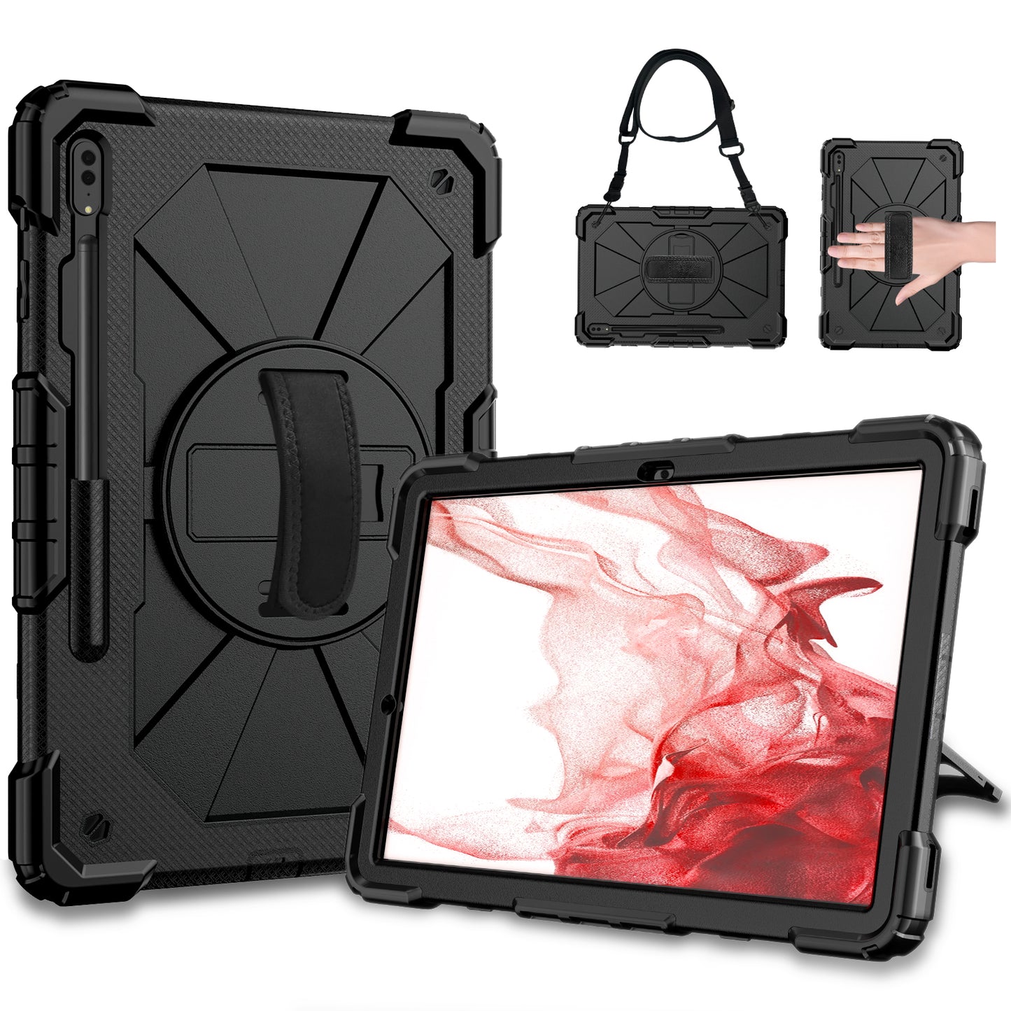 Rugged Rotating Galaxy Tab S9+ Shockproof Case Shoulder Strap Hand Holder