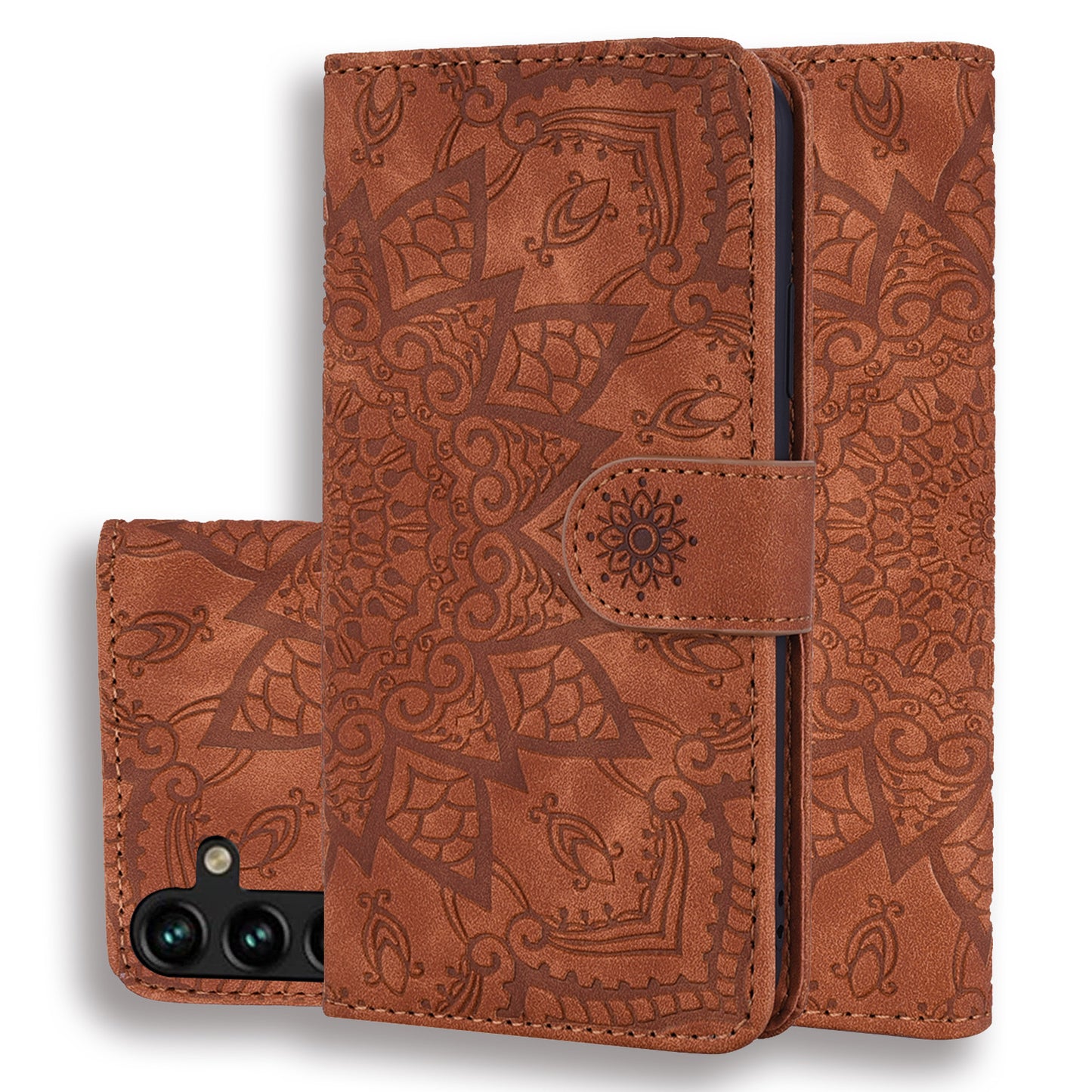 Double Hem Galaxy A14 Leather Case Embossing Sunflower Wallet Foldable Stand