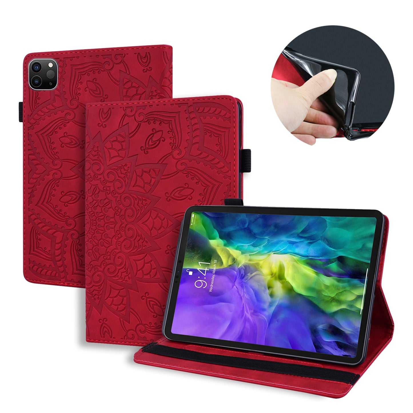 Double Hem iPad Pro 12.9 (2020) Leather Case Embossing Sunflower Wallet Foldable Stand