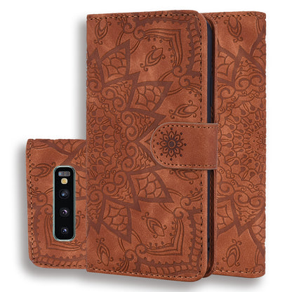 Double Hem Galaxy S10 Leather Case Embossing Sunflower Wallet Foldable Stand