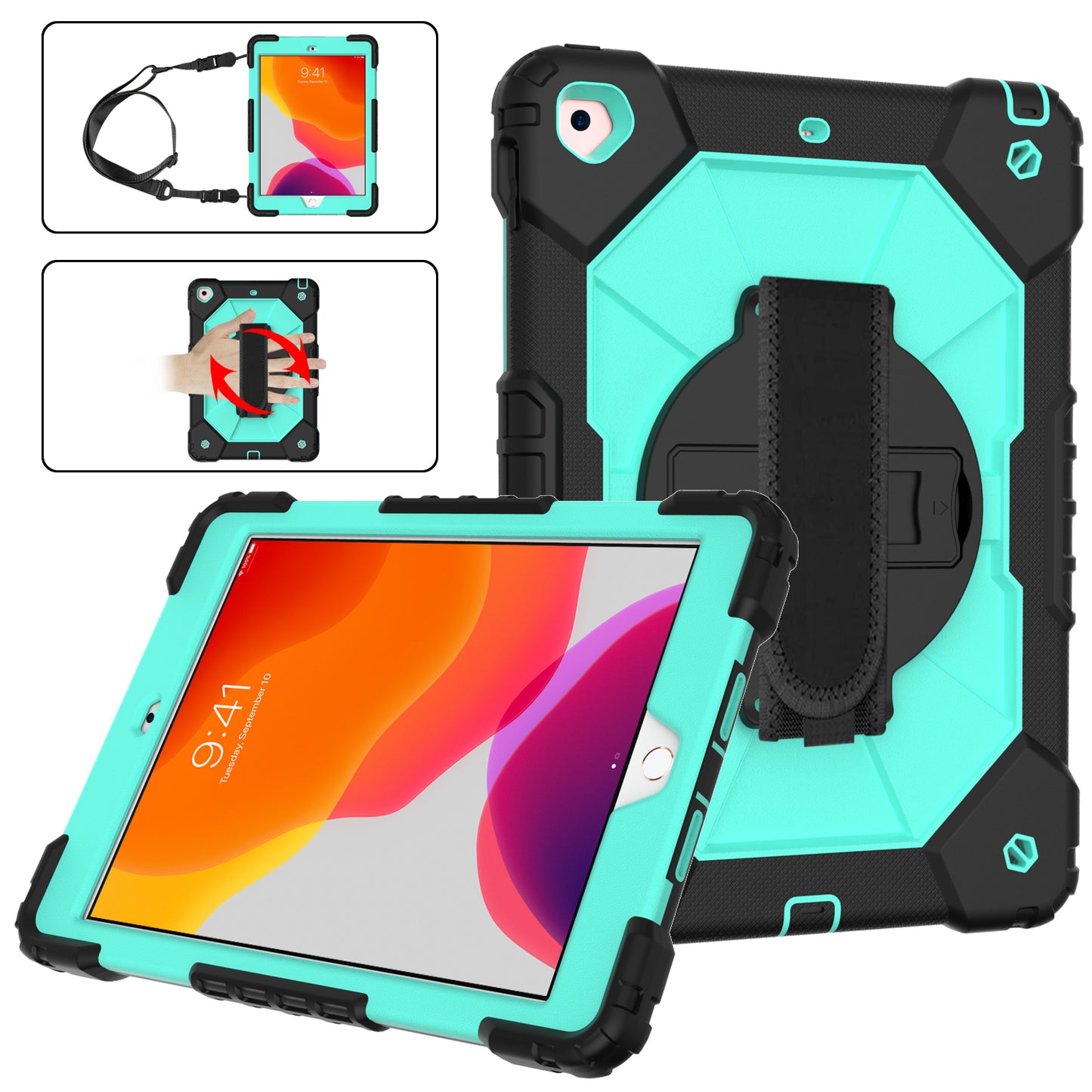 Rugged Rotating iPad 9 Shockproof Case Shoulder Strap Hand Holder 3 in 1 Stand