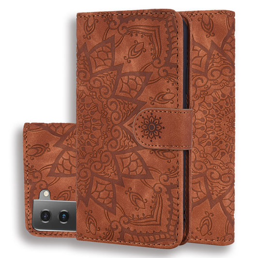 Double Hem Galaxy S21 Leather Case Embossing Sunflower Wallet Foldable Stand