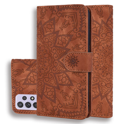 Double Hem Galaxy A52 Leather Case Embossing Sunflower Wallet Foldable Stand