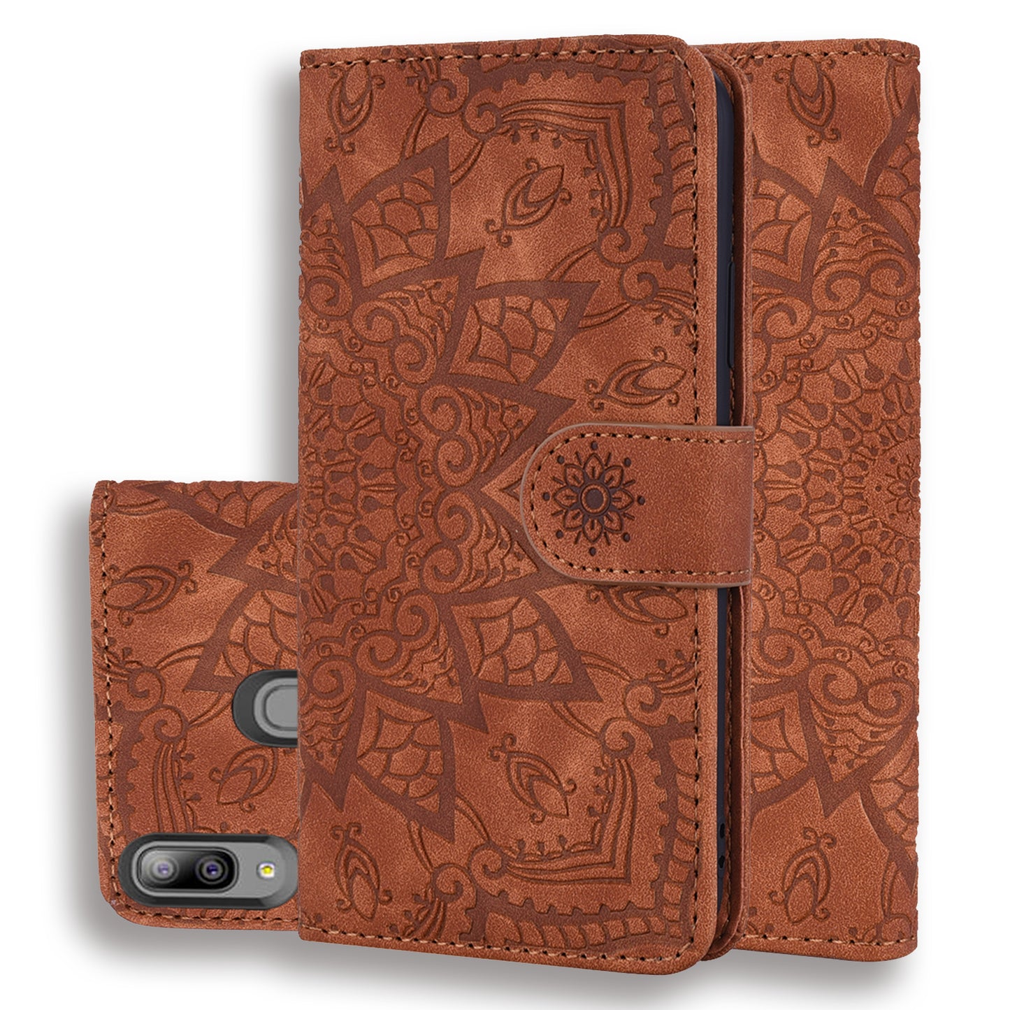 Double Hem Galaxy A20 Leather Case Embossing Sunflower Wallet Foldable Stand