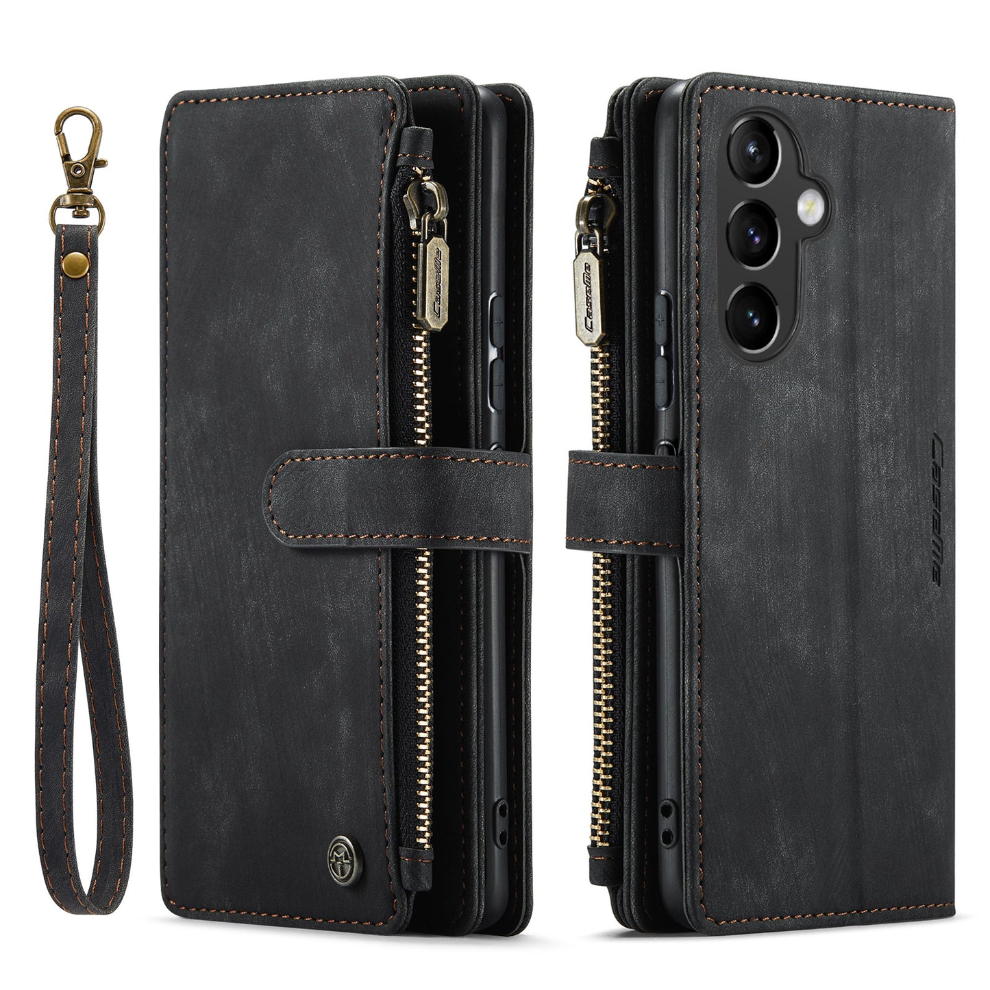 Multi-card Zipper Galaxy A54 Leather Case Double Fold Stand with Hand Strap